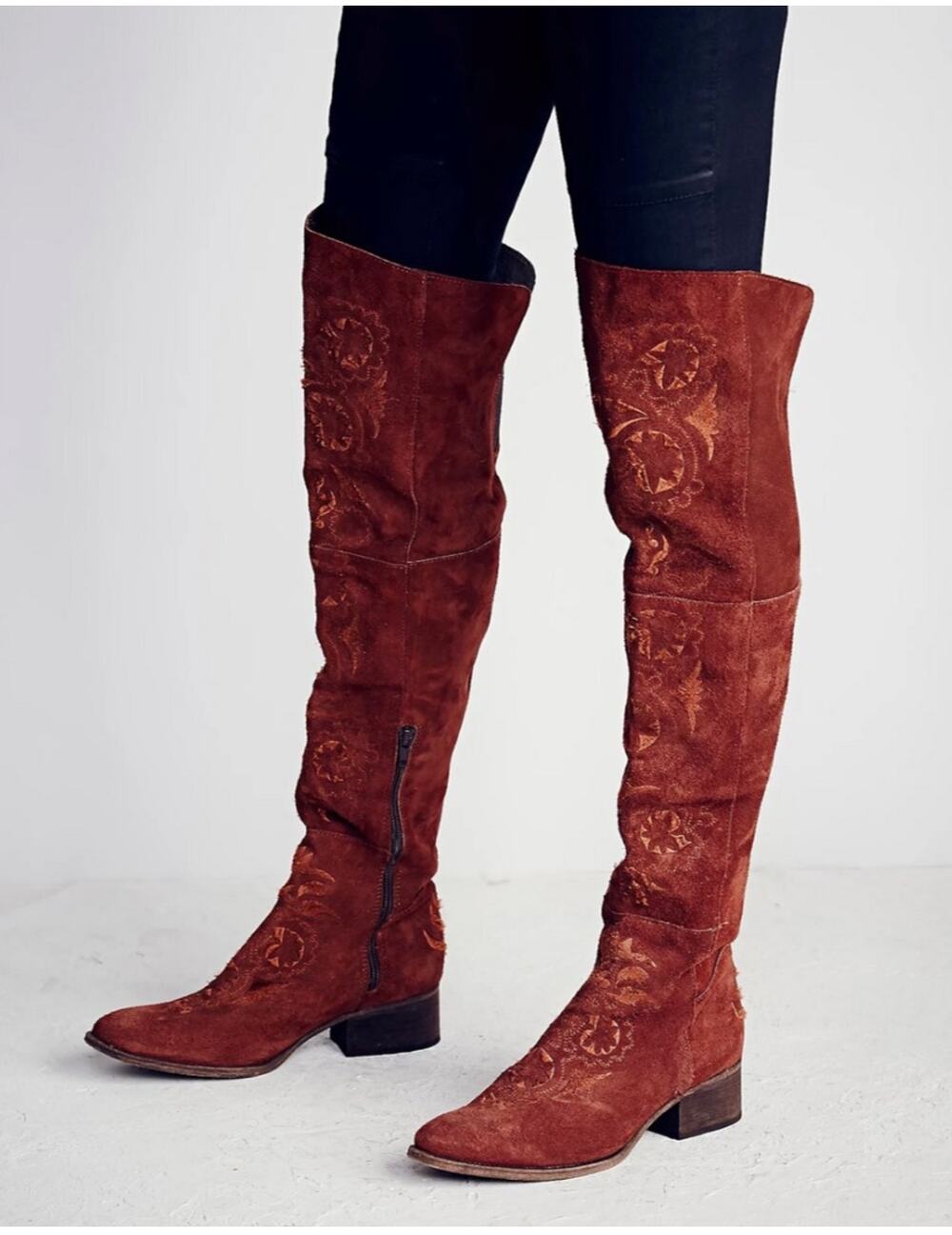 Free People Brown High Noon Suede Embroidered Over Knee Boots Sz EU 37/US 6.5